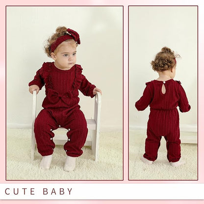 Happy Town Baby Girl Romper Infant Fall Winter Clothes Ruffle Sweater Long Sleeve Bodysuit Jumpsuit and Headband