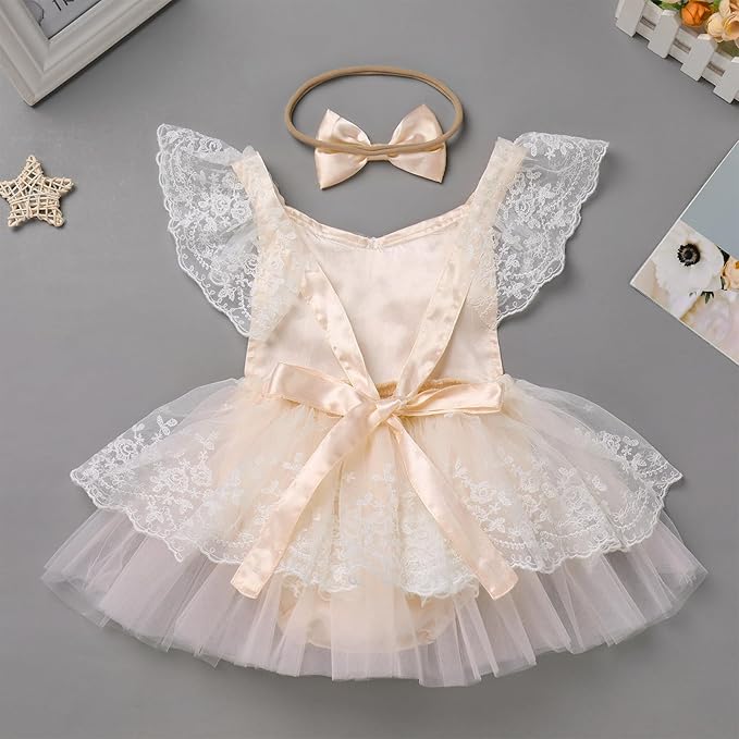 FYMNSI Infant Baby Girl 1st Birthday Outfit Floral Lace Tulle Romper Tutu Dress Headband 2PCS Bodysuit Princess Summer Clothe