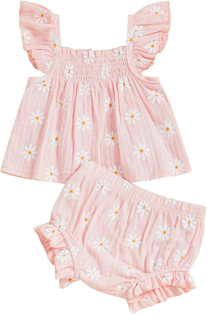 Mubineo Baby Girl Summer Clothes Cute Ruffle Tops Dress Shorts Outfits Set Infant Toddler Shrit Bloomers Princess Outfit