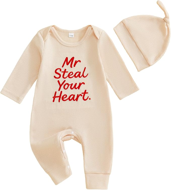 Baby Valentines Outfit Girl Boys Long Sleeve Footie Rib Onesie knot Hat Spring Clothes Newborn Outfits Infant Set