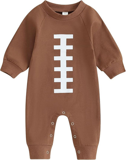 allshope Newborn Baby Boy Girl Fall Outfit Romper Sweatshirt Football Rugby Print Onesie Jumpsuit Bodysuit Infant Clothes