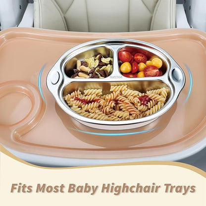 MR. CHOU Baby Plates with Suction - Stainless Steel Divided Toddler Plates, Compartment Suction Plate for High Chair, Baby Led Weaning & Self Feeding, Dishwasher Safe, BPA Free (Beige)
