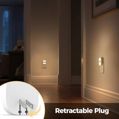 DORESshop Led Night Lights Plug Into Wall, 4 Packs Foldable Plug in Night Light Portable Dimmable Mini with Dusk to Dawn Sensor, 3000K Ideal Travel Night Light for Bedroom, Stairs, Hallway