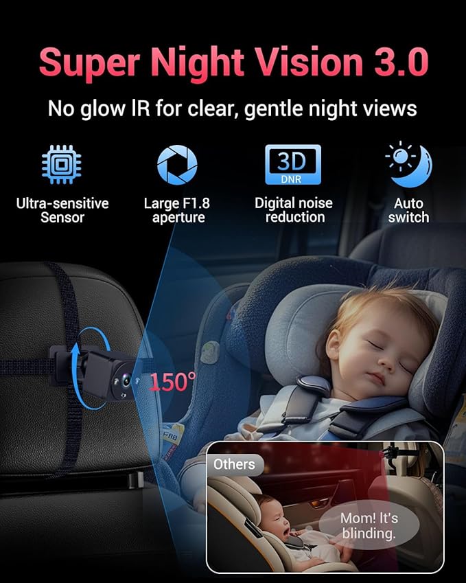Baby Car Camera, 1296P HD Car Baby Monitor with 7" Touchscreen, CarPlay, No‑Glow Night Vision, 150° Wide Angle, Live Rear‑Seat View, Easy Installation, Alternative to Rear Facing Mirrors