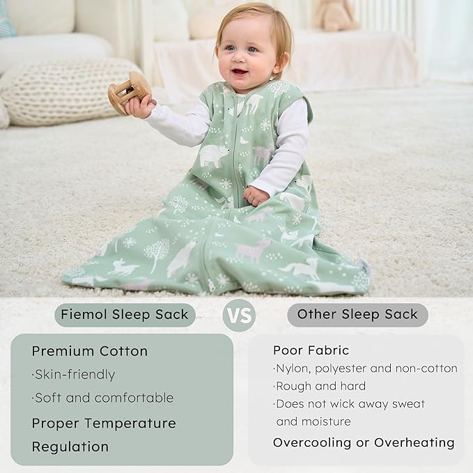 Baby Sleep Sack 0-6 months, 100% Cotton Sleeping Sack for Newborn and Infant, 3 Pack Baby Wearable Blanket, 0.5 Tog Lightweight Double Zipper Sleep Bag Small Green Forest Bear