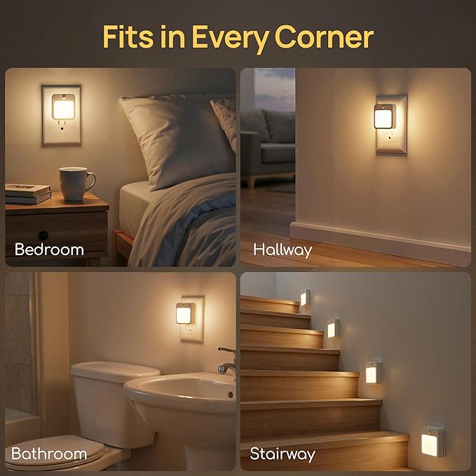 Plug-in Night Light with Motion Sensor, Dusk-to-Dawn Light Sensor, Stepless Dimming LED Night Lights for Bedroom, Hallway, Bathroom, Kids Room, Energy Efficient, 2-Pack