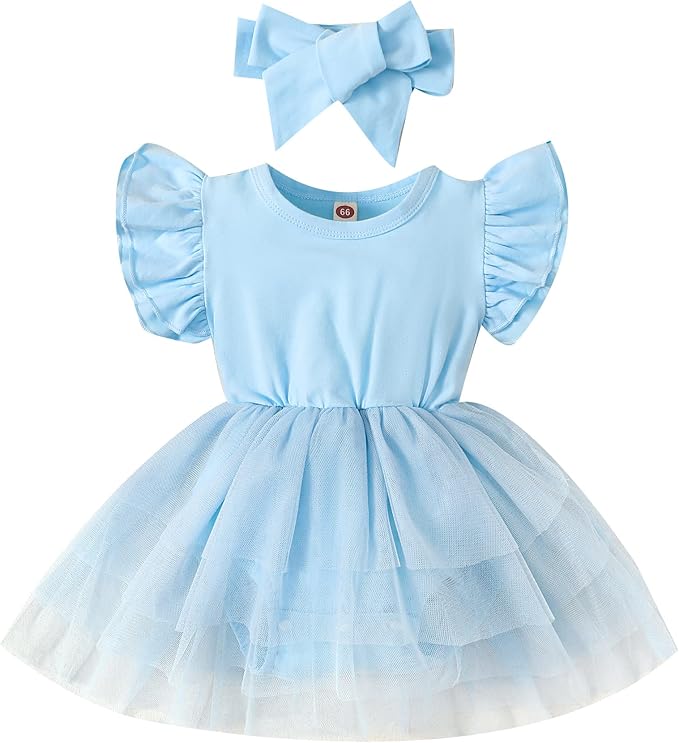 Baby Girl Clothes Infant Ruffle Sleeve Romper Dress Newborn Solid Tutu Skirt Sets Jumpsuit Headband Outfit