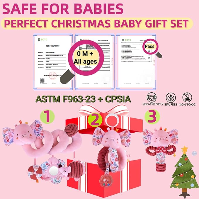 Infant Toys 0-6-12 Months Spiral Car Seat Toy, Baby Stroller Hanging Rattle Stuffed Animal for Babies 0-3-4-5-7 Christmas Newborn Boy Girl Gifts Stocking Stuffers Mirror Crinkle Elephant 3PCS