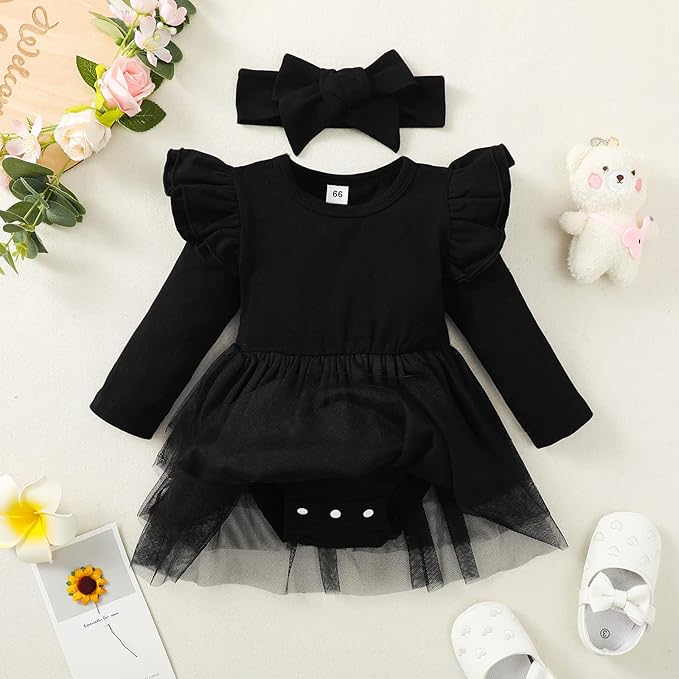 Baby Girl Clothes Infant Ruffle Sleeve Romper Dress Newborn Solid Tutu Skirt Sets Jumpsuit Headband Outfit