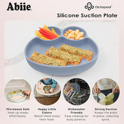 Abiie Octopod Frog Silicone Plates with Suction - Spill Proof, Easy to Clean - BPA-Free Bowl - Suction Plates for Baby and Toddler - Training & Feeding Divided Grip Dish (Gray)