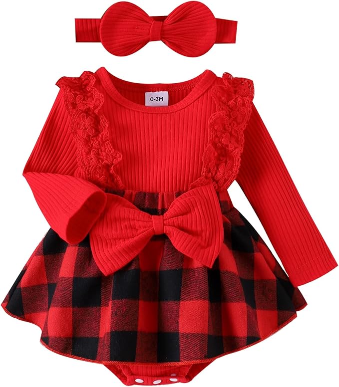 Newborn Christmas Outfit Baby Girl Plaid Romper Dress Infant Ruffle Long Sleeve Ribbed Bodysuit Headband Clothes