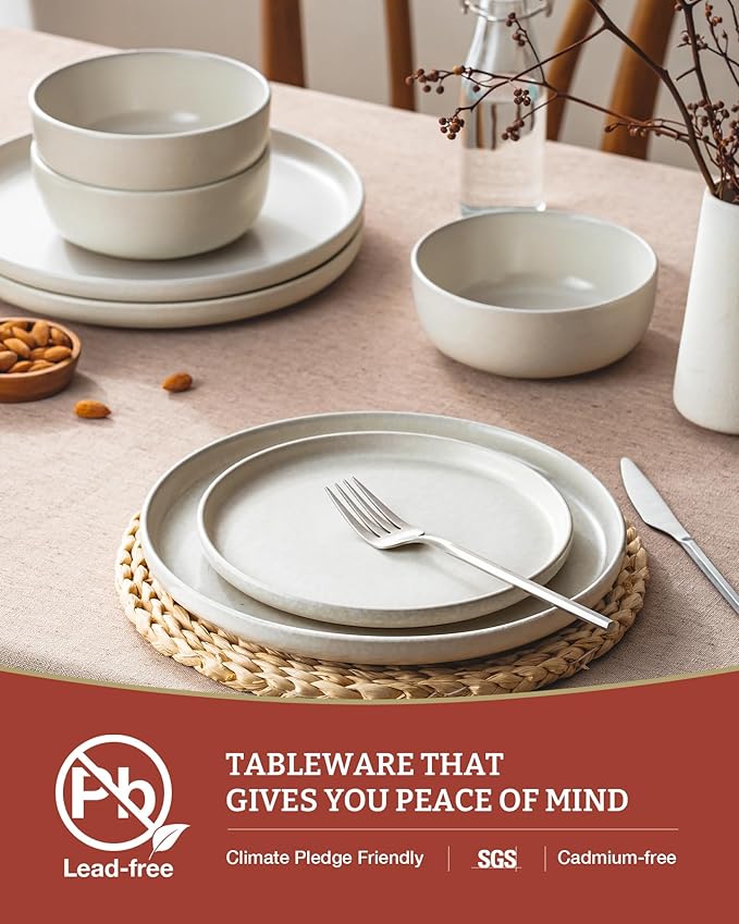 Famiware Milkyway Plates and Bowls Sets, 12 Pieces Dinnerware Sets, Reactive Glaze Dish Set, Stoneware Dishes Set for 4, Matte Beige White
