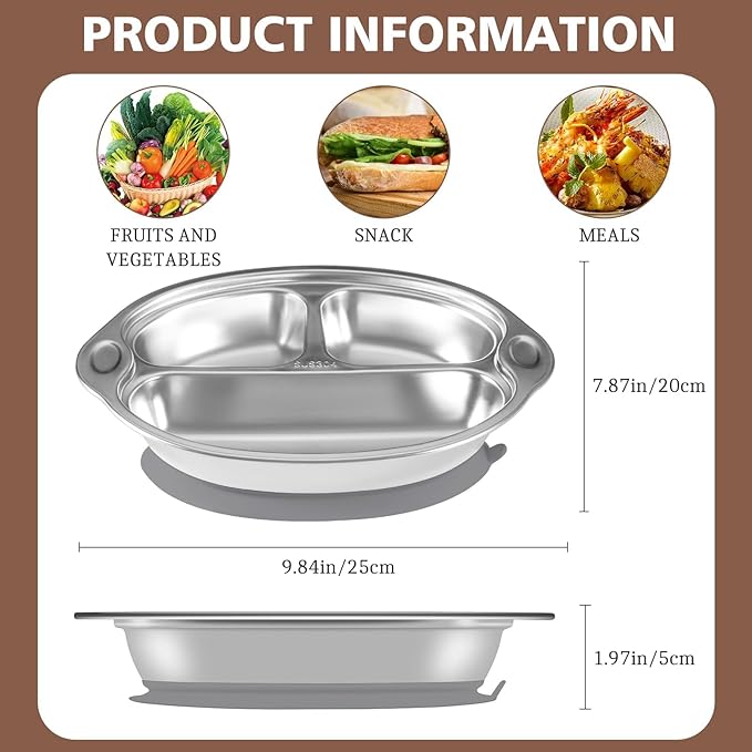 Stainless Steel Baby Suction Plates: Divided Plates for Babies and Toddlers, Made of 100% Food-Grade Materials Ideal for Baby-Led Weaning BPA-Free Toddler Feeding Dishwasher Safe Gray