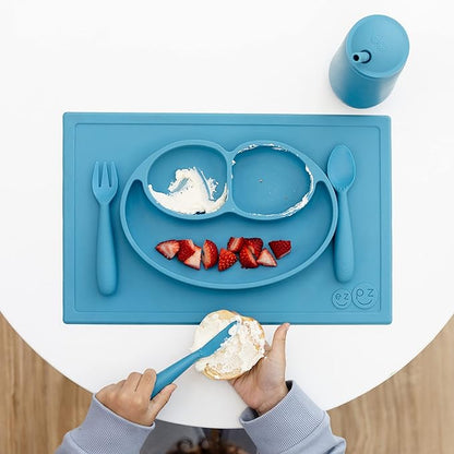 ezpz Happy Utensils (Blue) - 24 Months+ - BPA Free Toddler - Fork, Spoon and Knife for Toddlers and Preschoolers - Kids Utensils for Self-Feeding Development