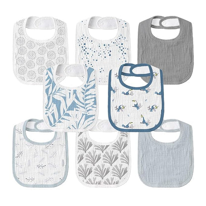 GLLQUEN BABY Muslin Drool Bibs for Boys Girls 8 Pack, Adjustable Baby Bibs for Drooling and Teething, Soft Cotton Baby Bandana Bib for Newborn Feeding Essentials (Toucan)