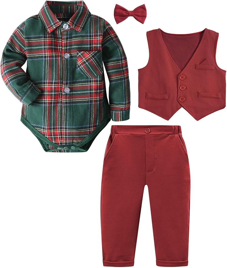 A&J DESIGN Baby Boy Suits Clothes Infant Toddler Formal Gentleman Outfits, Dress Shirt + Vest + Bow Tie + Pants Wedding Set