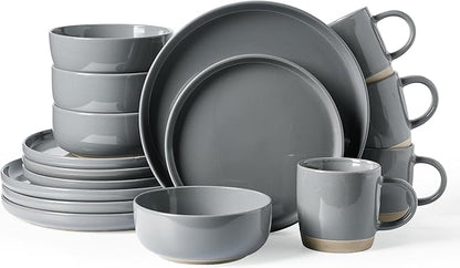 Famiware Milkyway Stoneware Dinnerware Sets with Mugs, Service for 4 (16pcs), Plates and Bowls Sets, Scratch Resistant, Microwave and Dishwasher Safe Dishes Set, Dark Gray