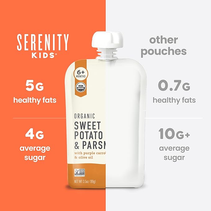 Serenity Kids 6+ Months Baby Food Pouches Veggie Puree - Sweet Potato & Parsnip - USDA Organic Snack Pouches - No Added Sugar Baby Snacks - Allergen Free Toddler Food - 3.5 Oz, 6 Pack