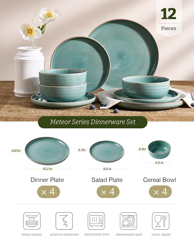 Famiware Meteor Plates and Bowls Sets for 4, 12 Pieces Dinnerware Sets, Microwave and Dishwasher Safe Dishes Set, Peacock Green