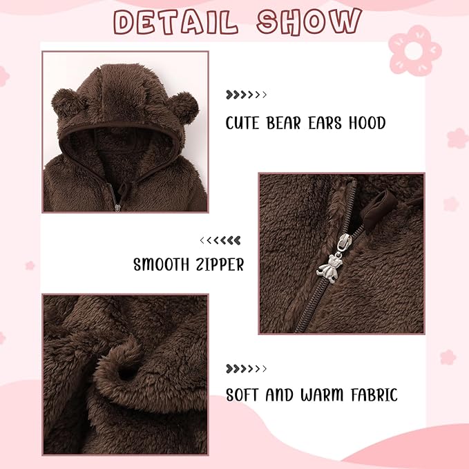 Baby Toddler Boys Girls Fleece Jacket with Hood Zip Up Cute Bear Coats for Infant Boys Girls Fuzzy Jacket with Ear 1-5T