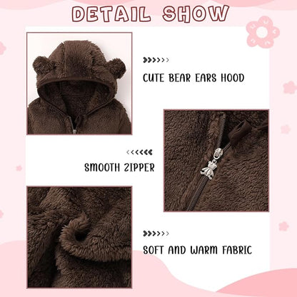 Baby Toddler Boys Girls Fleece Jacket with Hood Zip Up Cute Bear Coats for Infant Boys Girls Fuzzy Jacket with Ear 1-5T