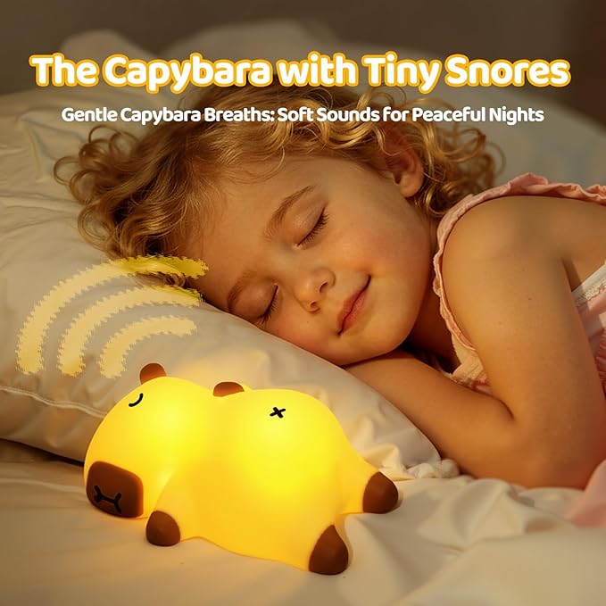 Mewaii Snoring Sound Capybara Night Light for Kids -Silicone Breathing Capybara Gifts Lamp with 3-Level Dimming, Cute Light Rechargeable Cuddly Bedtime Companion for Nursery, Baby Toys& Room Decor