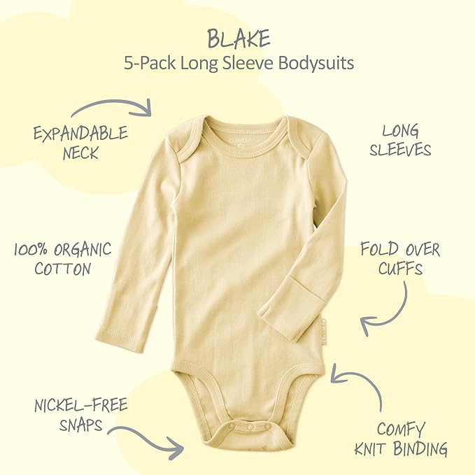 Blake 5-Pack Long Sleeve Bodysuits 100% Organic Cotton Baby Boys & Girls