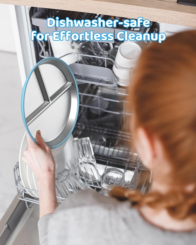 Stainless Steel Kids Plates (2 Pack): 9" Divided Plates with Silicone Suction for Babies, Unbreakable Dinner Dishes for Toddlers, Non Toxic, BPA Free, Anti-Slip, Dishwasher Safe (Bule & Yellow)