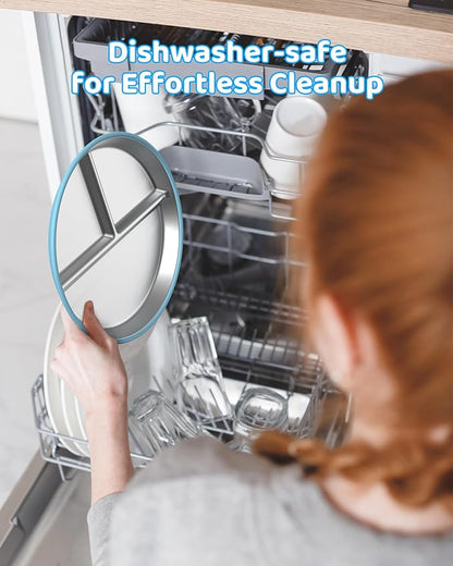 Stainless Steel Kids Plates (2 Pack): 9" Divided Plates with Silicone Suction for Babies, Unbreakable Dinner Dishes for Toddlers, Non Toxic, BPA Free, Anti-Slip, Dishwasher Safe (Bule & Yellow)