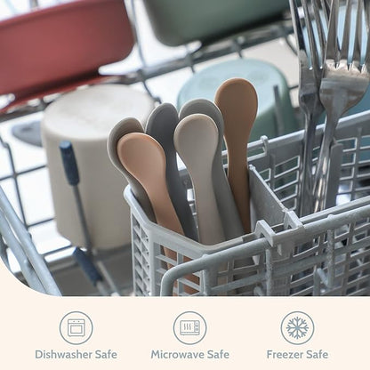 Silicone Baby Feeding Spoons, First Stage Baby Infant Spoons, Soft-Tip Easy on Gums I Training Spoon Self Feeding, Dishwasher & Boil-proof, 6 Pack