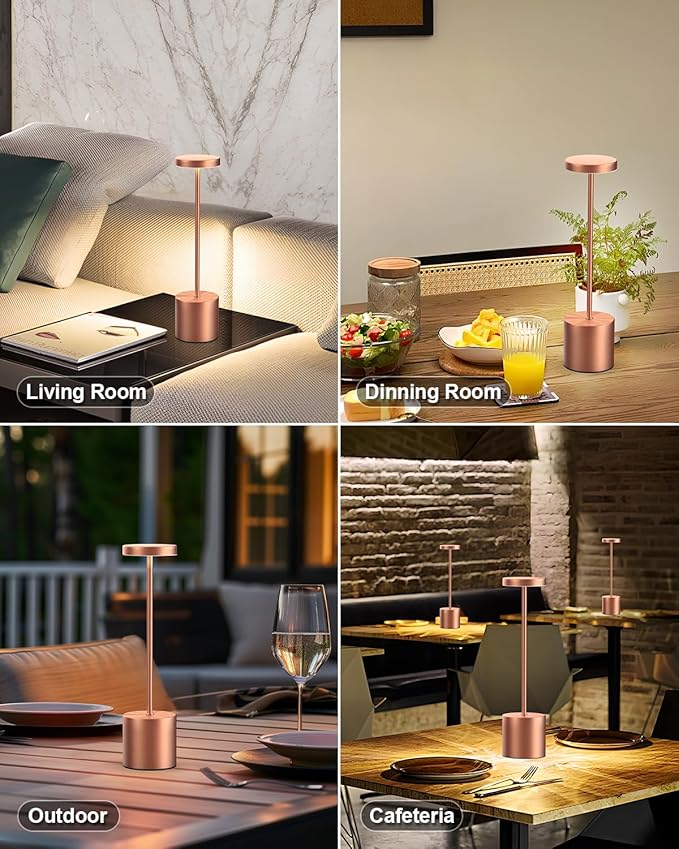 Cordless Table Lamps Rechargeable, Portable LED Desk Lamp, 5000mAh Battery Powered Wireless Table Light - 3 Color Dimmable Lighting for Restaurant Dining Patio Outdoor Bedroom(Rose Gold)
