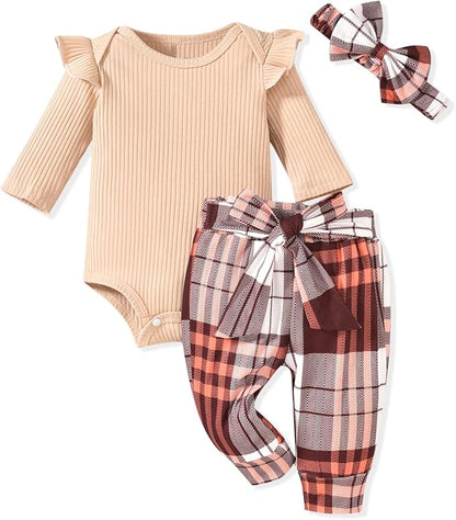 Aalizzwell Preemie Newborn Infant Baby Girls Clothes Ribbed Romper Bodysuit Pants Set Fall Winter Outfits