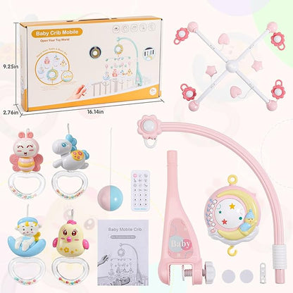 BOBXIN Baby Musical Crib Mobile for Bassinet with Projector and Night Light,150 Music,Timing Function,Take Along Mobile Musical Box and Rattle,Toy for Newborn Girls Boys
