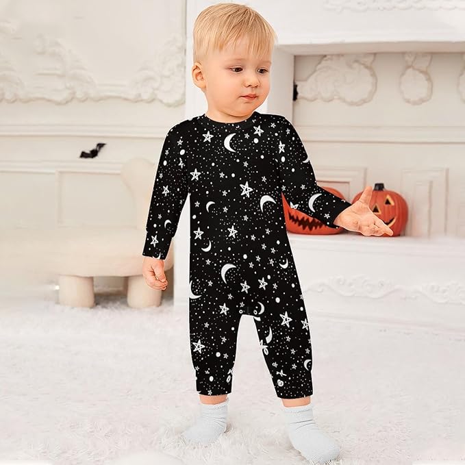 Black White Moon And Star Pattern Baby Romper Long Sleeve Onesie Button Jumpsuit Baby Clothes Unisex