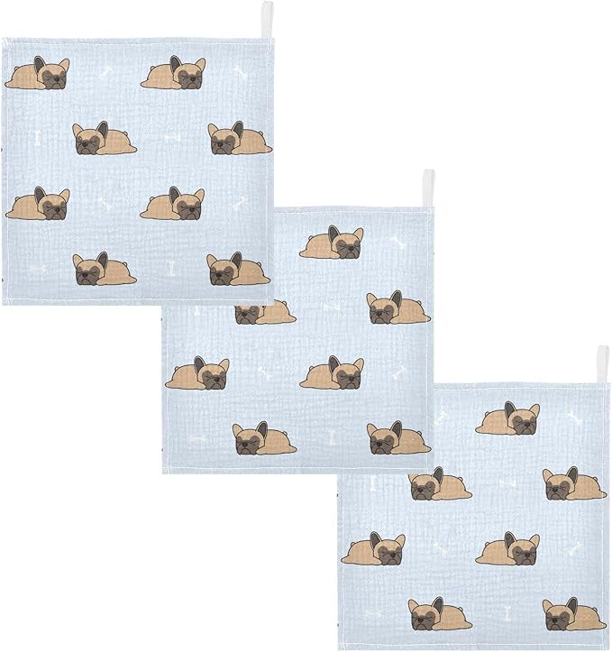 vvfelixl Baby Muslin Washcloths Cute French Bulldog Sleeping Baby Burp Cloths Cotton Baby Face Towel for Newborn Infants Boys Girls Soft and Absorbent 11.8 X 11.8 in, 3 Pack