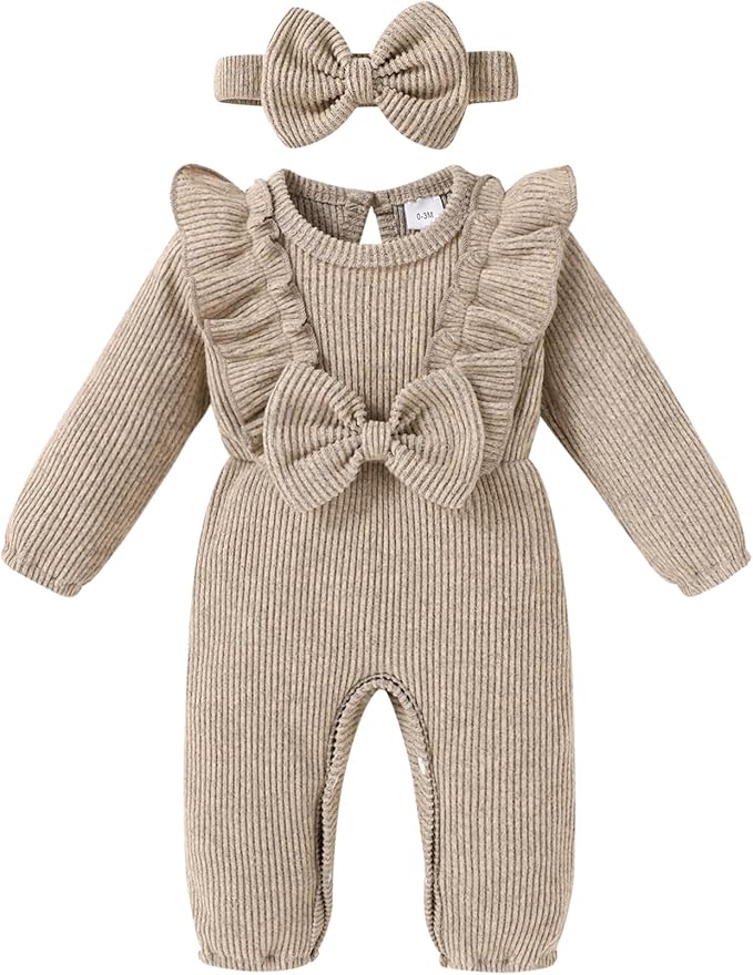 Happy Town Baby Girl Romper Infant Fall Winter Clothes Ruffle Sweater Long Sleeve Bodysuit Jumpsuit and Headband