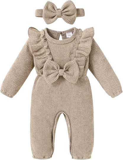 Happy Town Baby Girl Romper Infant Fall Winter Clothes Ruffle Sweater Long Sleeve Bodysuit Jumpsuit and Headband