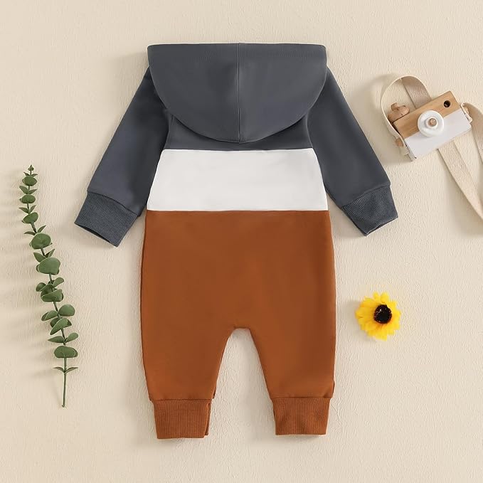 BemeyourBBs Newborn Baby Boy Clothes Color Block Long Sleeve Zipper Hooded Romper with Pocket Fall Winter One Piece Outfits