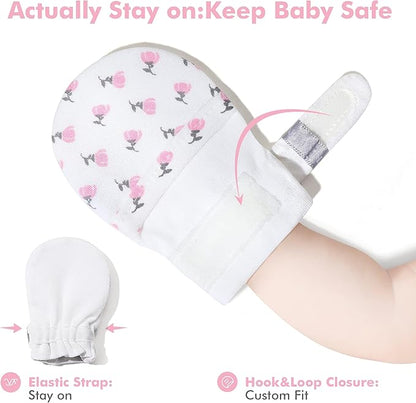 HAPIU Baby No Scratch Mittens Stay On, 100% Cotton Breathable, Adjustable Infant Gloves for Boys Girls, Newborn - 12 M