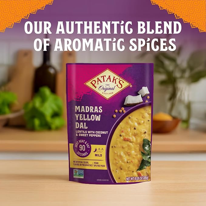 Patak’s Madras Yellow Dal - Savory Yellow Lentils in Creamy Coconut Milk w/Sweet Peppers & Spices - Vegan Microwaveable Meal for Quick Lunches or Dinners - Serve w/Rice or Naan - 10.05oz (Pack of 6)