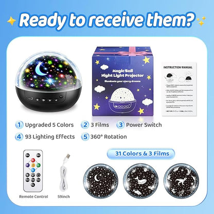 COOLNIGHT Night Light for Kids,93 Lighting+3 Films Kids Night Light Projector,Remote+Dimmable Star Projector,360° Ceiling Stars Glow in The Dark Stars,Christmas Gifts for 4 Year Old Boy Birthday Gift