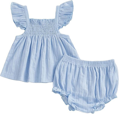Mubineo Baby Girl Summer Clothes Cute Ruffle Tops Dress Shorts Outfits Set Infant Toddler Shrit Bloomers Princess Outfit