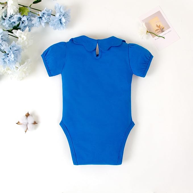 0-24M Infant Girls Ruffle Collar Romper Baby Girl Solid Color Bodysuit Casual Jumpsuit (Blue Short, 12-18 Months)