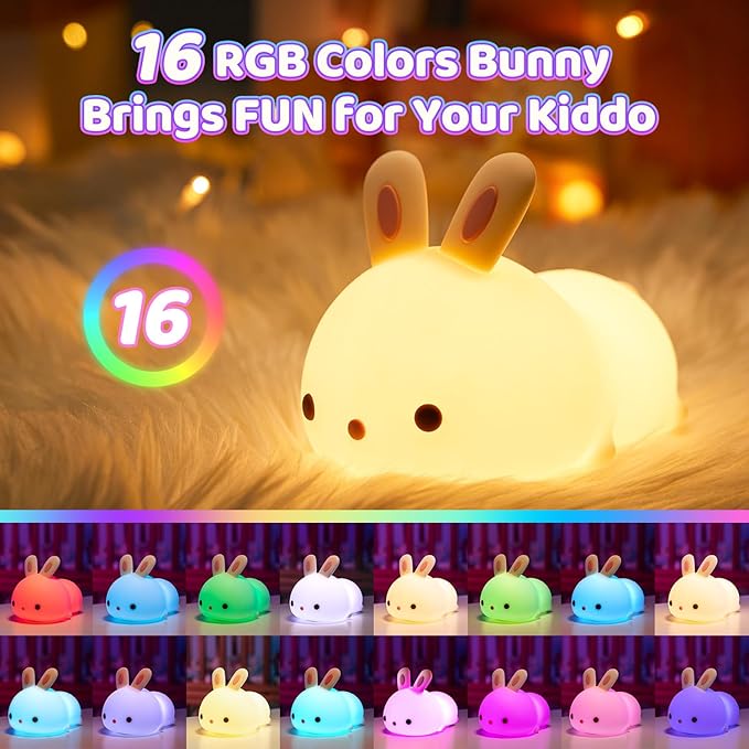 One Fire Night Light for Kids, 16 Colors Bunny Toys Cute Lamp, Soft Silicone Baby Night Light, 1200mAh Portable Dimmable Touch Lamps, Kawaii Room Decor, Easter Bunny Gift for 0-13 Year Old Girl Teens