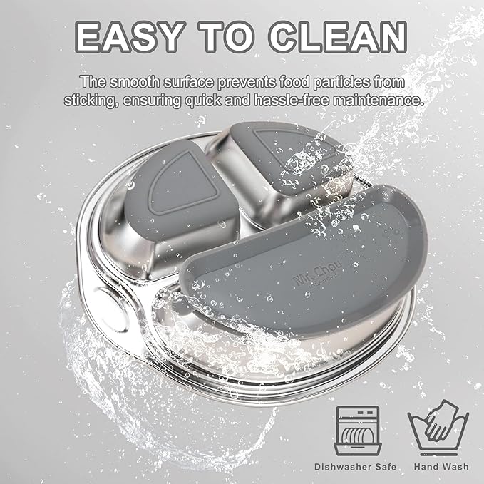 MR. CHOU Stainless Steel Baby Suction Plate, Divided Plates for Babies & Toddlers, 100% Food Grade Kids Plates for Baby Led Weaning, BPA Free Toddler Feeding Supplies, Dishwasher Safe, Gray