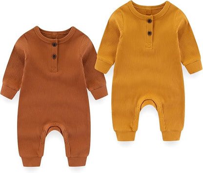 Baby Boy Girl Romper 2 Pack Long Sleeve Button Jumpsuit Cotton Unisex Infant Baby Clothes for 0-24 Months