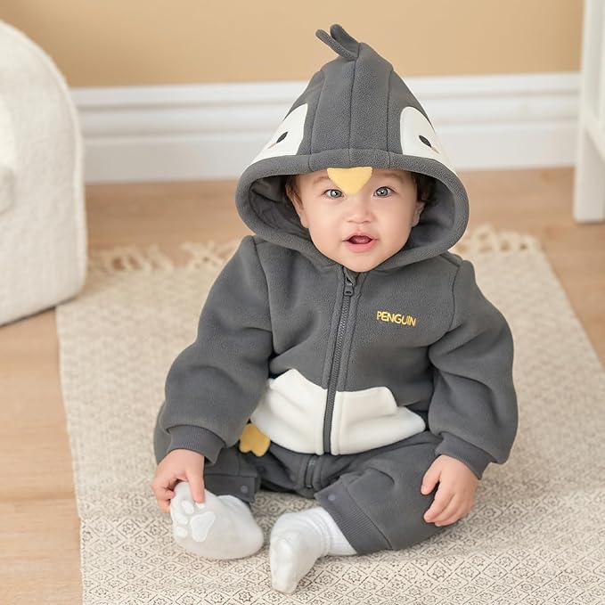 DAVE&BELLA Animal Jumpsuit for Baby Boy Girl, Hooded Winter One-Piece Romper Zip Up Fleece Infant Bodysuit with Snap Closure