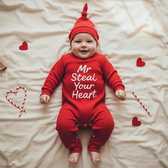 Baby Valentines Outfit Girl Boys Long Sleeve Footie Rib Onesie knot Hat Spring Clothes Newborn Outfits Infant Set