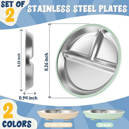 2-Pack Stainless Steel Kids’ Plates with Suction Bases, 8.26" Divided Toddler Plates with Removable Silicone Sleeves, Non-Slip, BPA-Free, Dishwasher Safe (Green & Beige)