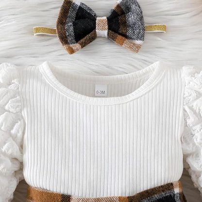 Toddler Baby Girl Plaid Dress Puff Sleeve Bow Patchwork Ribbed Shirts Dress Plaid Fall Winter Outfits with Headband
